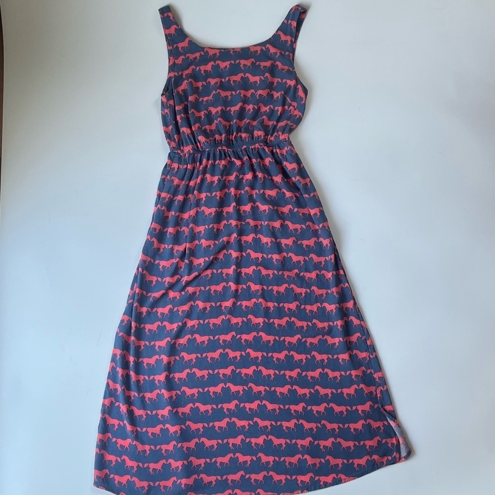 Anorak Horse Print Jersey Midi Dress Blue Pink Size 6 Pockets Elastic Waist - Picture 2 of 11